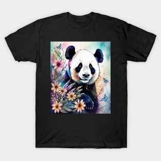 Fantasy, Watercolor, Panda Bear With Flowers and Butterflie T-Shirt